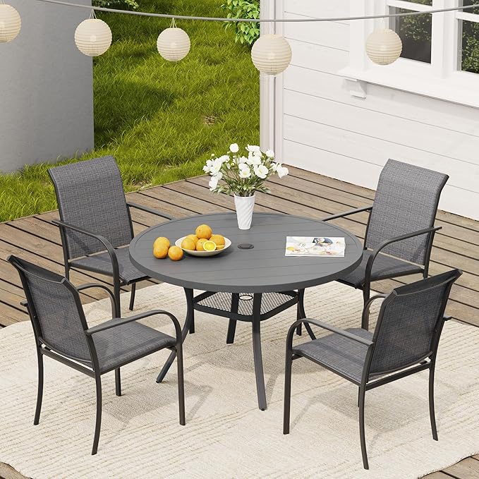 VICLLAX Round Outdoor Dining Set, Patio Table and Chairs Set Set of 4 Patio Stackable Chairs and 40.6" Outdoor Round Table with Umbrella Hole for Lawn Garden, Dark Grey Chairs and Dark Grey Table