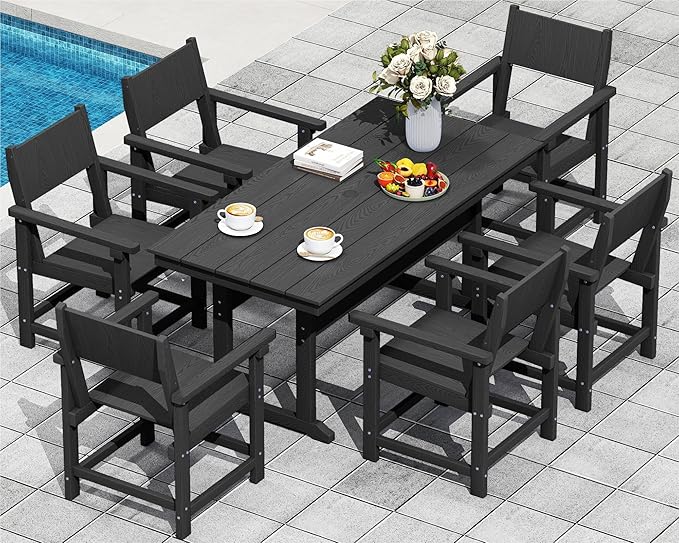 7-Piece HDPE Outdoor Patio Dining Set,Outdoor Table and Chairs,Modern Plastic Dining Sets with Umbrella Hole Cut-Out Table and 6 Chairs Black