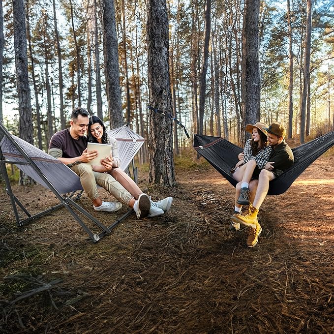 Tranquillo Combo x2 Hammocks with Stand for Outside & Tree Straps, Heavy Duty Hammock with Stand 600lbs for Indoor Outdoor Patio Backyard, x2 Hammocks for 2 Person (Combo - Grey, Medium)