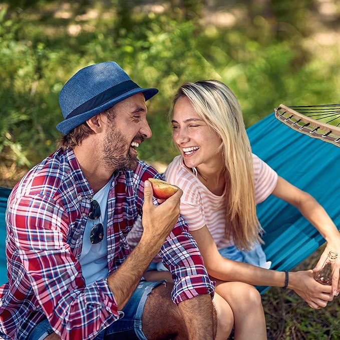 Tranquillo Double Hammock 2 Persons Cotton Canvas 600 lbs Portable Camping Hammock with Solid Wood Spreader Bar Hammock for Camping Portable Relaxation Gear for Camping Patio Garden, Blue