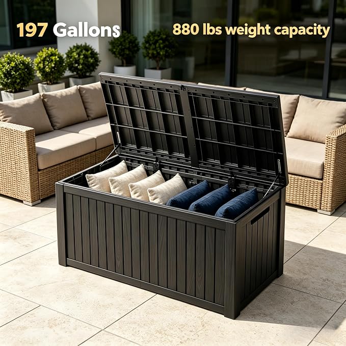 MAKINO 197 Gallon Large Resin Outdoor Storage Box, Waterproof Deck Box, Lockable Deck Container with Reinforced Support, Outdoor Chest for Patio Accessories, Outdoor Cushions, Garden Tools, Black