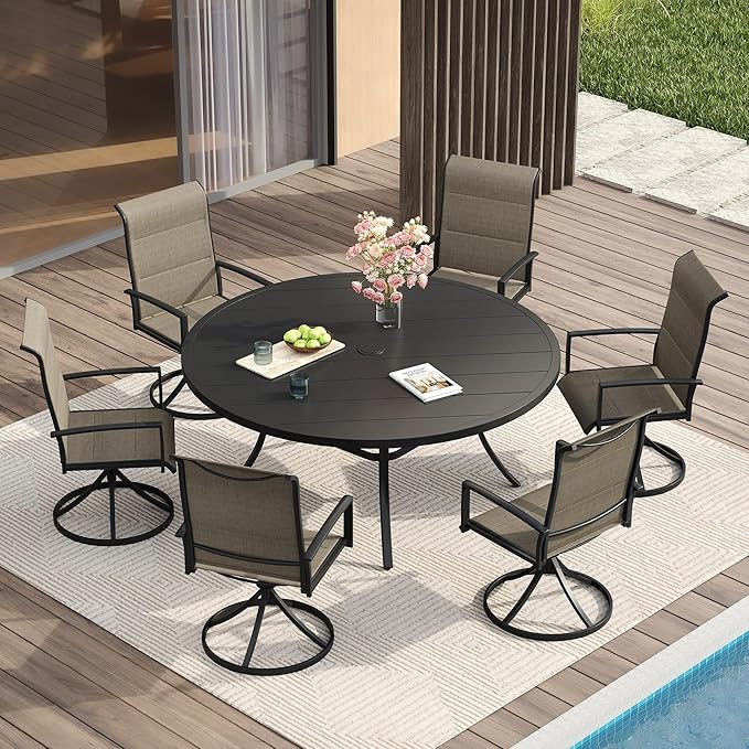 VICLLAX 7 Pieces Patio Dining Set for 6-Outdoor Furniture Includes 53" Round Outdoor Table and Swivel Padded Chairs, Black Tabletop and Mixed Brown Fabric