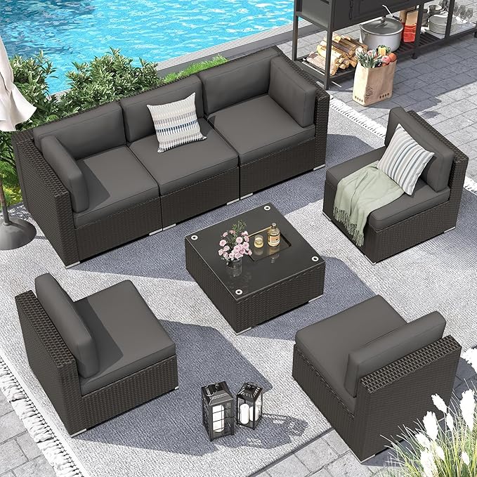 7 Pieces Outdoor Patio Furniture Set, Black Brown Wicker Patio Sectional Sofa Set, Outdoor Couch with Cushion and Tempered Glass Table, Grey