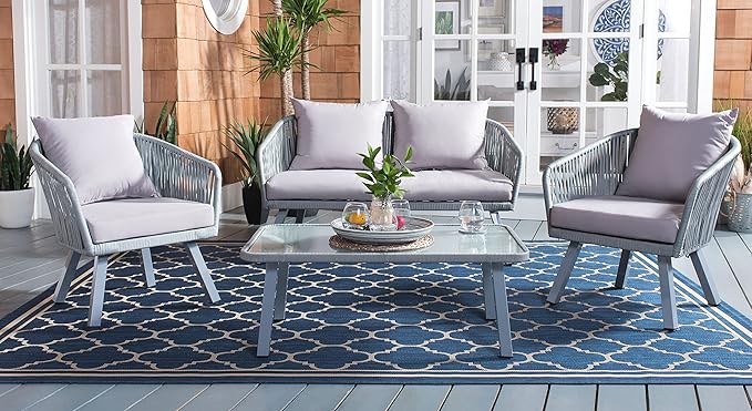 Safavieh Outdoor Collection Jorda Wicker Cushion 4-Piece Rope Patio Backyard Living Set PAT7518C, Grey/Grey