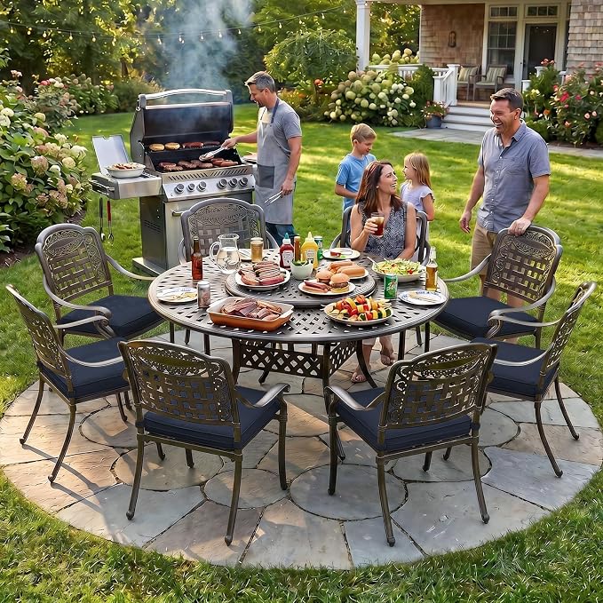 MEETWARM 9-Piece Outdoor Furniture Dining Set, All Weather Cast Aluminum Patio Garden Set with 8 Cushioned Chairs, 61" Round Patio Dining Table with Detachable Lazy Susan, 2" Umbrella Hole, Navy Blue