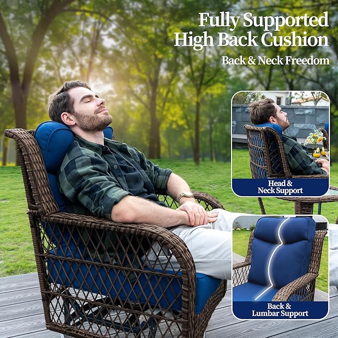 PIZZELLO 4 Pieces Patio Furniture Set w/ 5" Cushions and 25" Full Support Back, Outdoor Loveseat Couch, Swivel Rocker Patio Chairs and Side Table, Wicker Sectional Conversation Set for Backyard