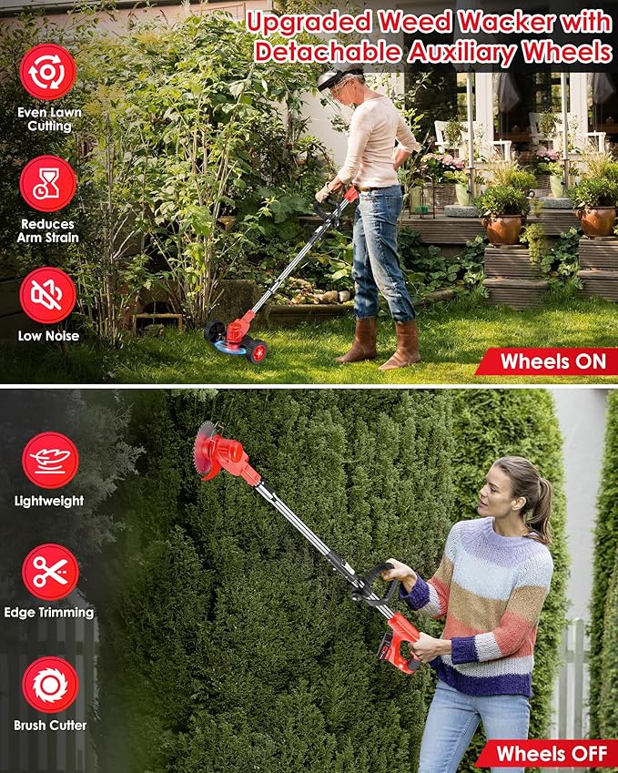21V Cordless Weed Wacker Battery Operated, 2 X 2.0Ah Electric Weed Eater Battery Powered, Foldable 3-in-1 Weed Trimmer/Brush Cutter/Lawn Mower with 8 Blades (Stringless) & Removable Wheels