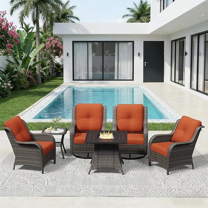 6 Pieces Outdoor Wicker Patio Furniture Set with Fire Pit Table, Patio Chair Set with Thickened Olefin Cushions, High Back and Deep Seating, Hand-Woven PE Rattan for Porch, Deck