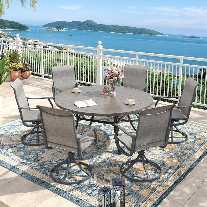 Outdoor Dining Set for 6, 50" Metal Round Outdoor Dining Table with Umbrella Hole and Sling Patio Swivel Chairs, 7 Pieces Patio Table and Chairs Set for Garden Backyard, Grey