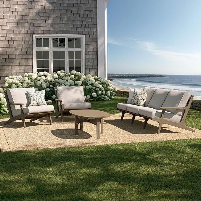 Modway Saratoga 4-Piece Teak Wood Outdoor Furniture Set in Weathered Gray Pebble - Patio Conversation Set with Sofa, 2 Armchairs, and Coffee Table