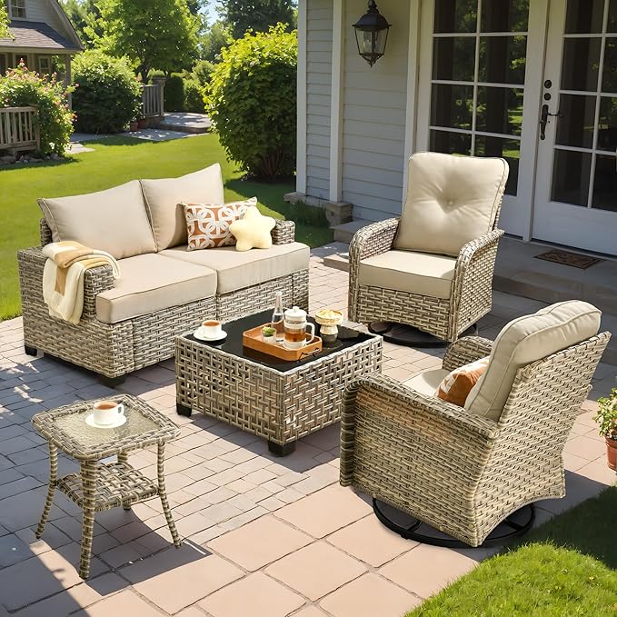 6 Pcs Outdoor Sectional Patio Furniture Set with Swivel Rocking Chair - All Weather Wicker Outside Sectional Couch,Patio Seating Outdoor Conversation Sets for Deck Yard,Beige