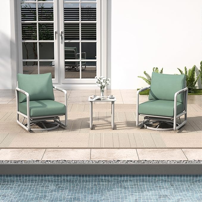 3-Piece Aluminum Outdoor Swivel Rocker Chair Set, 360° Swivel and Rocking Patio Chairs with 6.5-Inch Thick Cushions and Side Table, All-Weather Conversation Sofa for Backyard, Deck, Porch, Balcony