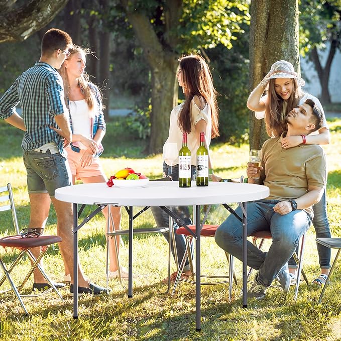 JupiterForce 4 FT Round Folding Table, 48" Indoor Outdoor Portable Plastic Dining Card Table for Kitchen, Commercial, Camping Picnic Party Wedding Event, White