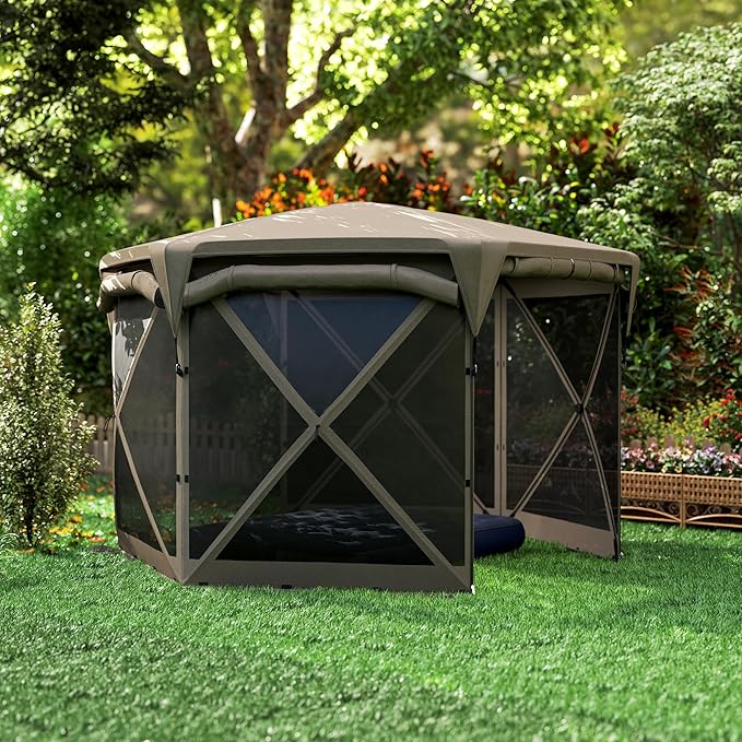 Outsunny Pop Up Gazebo Screen Tent House, 11 x 11ft with UPF30+ Removable Roof Cover, 4 Roll-up Wind Panels and Carry Bag for Camping, Patio, Backyard, Lawn, Brown