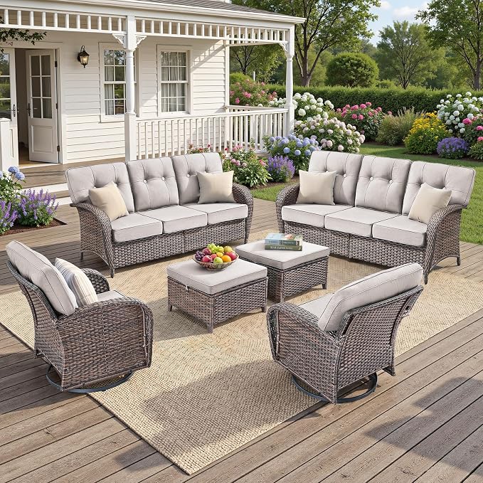 6 PCS Patio Furniture Set Outdoor Sectional Sofa Couch with Rocking Swivel Chairs 5" Deep Seat Chairs, 2 Sofa Sets Modern Wicker Rattan Conversation Set, Beige/Brown Wicker