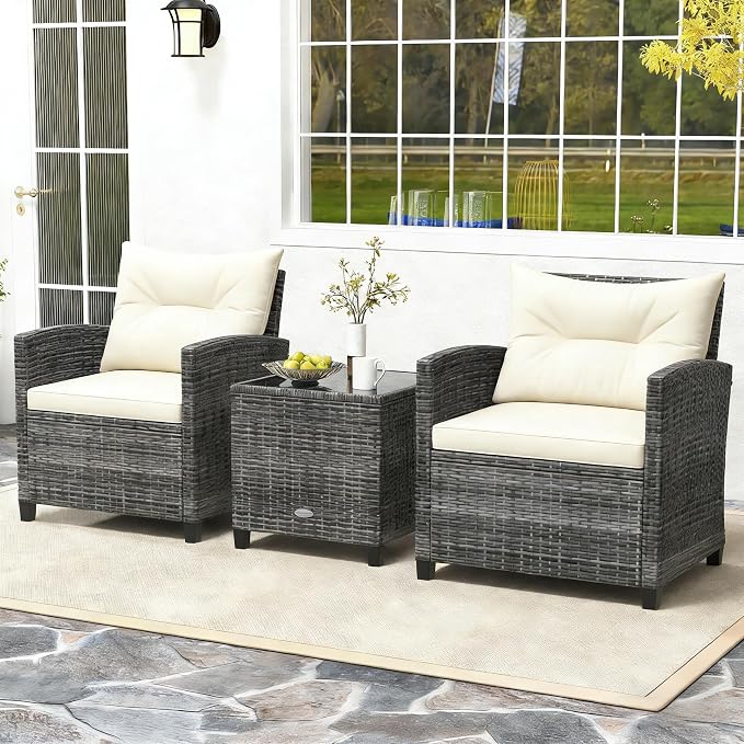 ORALNER 3 Pieces Patio Furniture, Outdoor Wicker Conversation Set Chairs with Soft Cushions and Glass Coffee Table, Mix Gray Rattan Bistro Set for Balcony Garden Deck Front Porch Poolside (White)