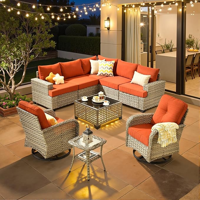 ovios 9 Piece Patio Sectional Furniture with Swivel Rocking Chairs, Rattan Wicker Coversation Couch Set, Outdoor Sofa Set for Outside Porch Balcony Backyard Pool, Orange