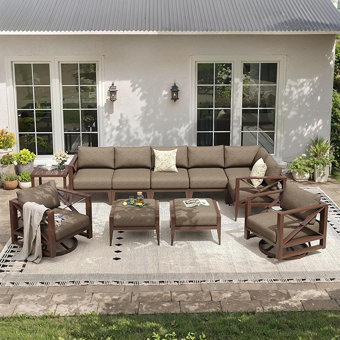 Aluminum Patio Furniture Set,8-Seats Patio Sectional Conversation Sofa with 5.2" All-Weather Cushions and 2 Swivel Rocking Chairs & 2 Ottomans,Furniture Set(Brown)