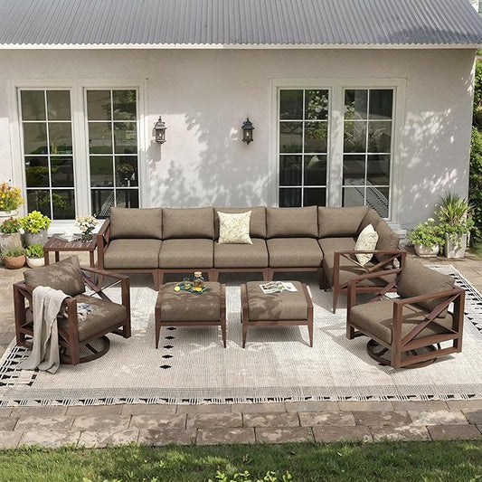 Aluminum Patio Furniture Set,8-Seats Patio Sectional Conversation Sofa with 5.2" All-Weather Cushions and 2 Swivel Rocking Chairs & 2 Ottomans,Furniture Set(Brown)