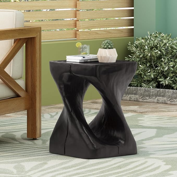 Patio Side Table Outdoor Faux Wood End Table Square Small Coffee Table Outdoor Accent Tables Garden Stool Plant Stand for Porch, Backyard Black