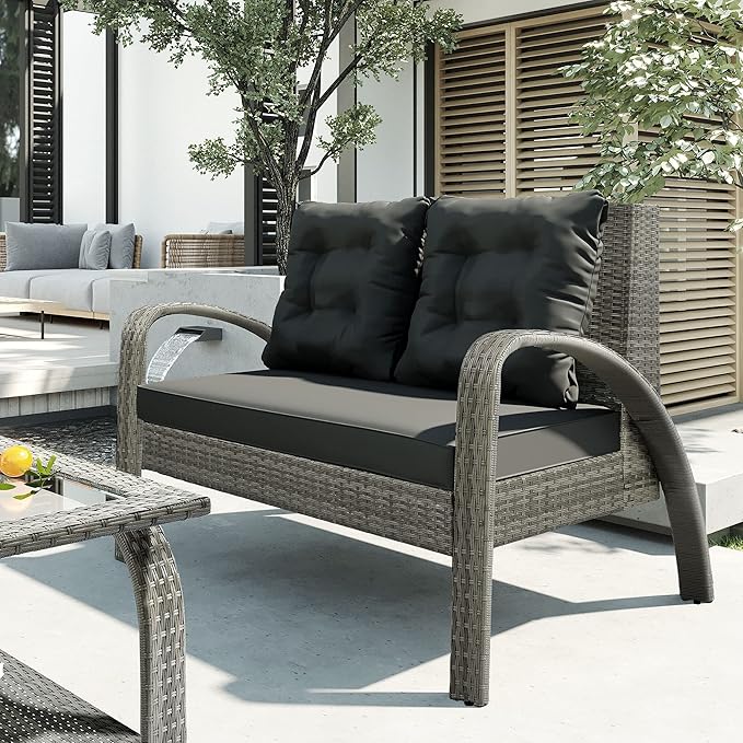 4-Piece Sectional Rattan Patio Furniture Set, All-Weather PE Wicker Sofa Set, Outdoor Patio Conversation Set with Tempered Glass Storage Coffee Table for Backyard, Poolside