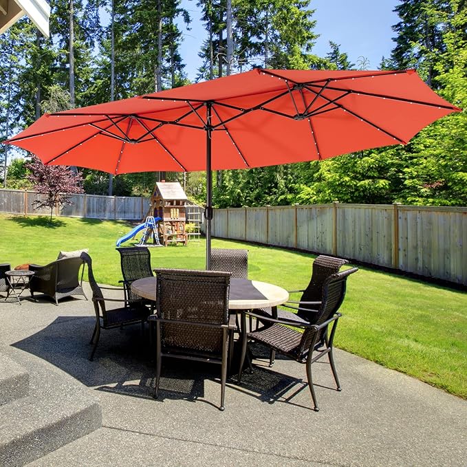 Giantex Large Outdoor Umbrella Double-Sided, 48 Solar Lights, Auto-Charging Solar Panel, Extra Large Patio Umbrella with Base and Crank, Outdoor Market Umbrellas for Poolside Garden