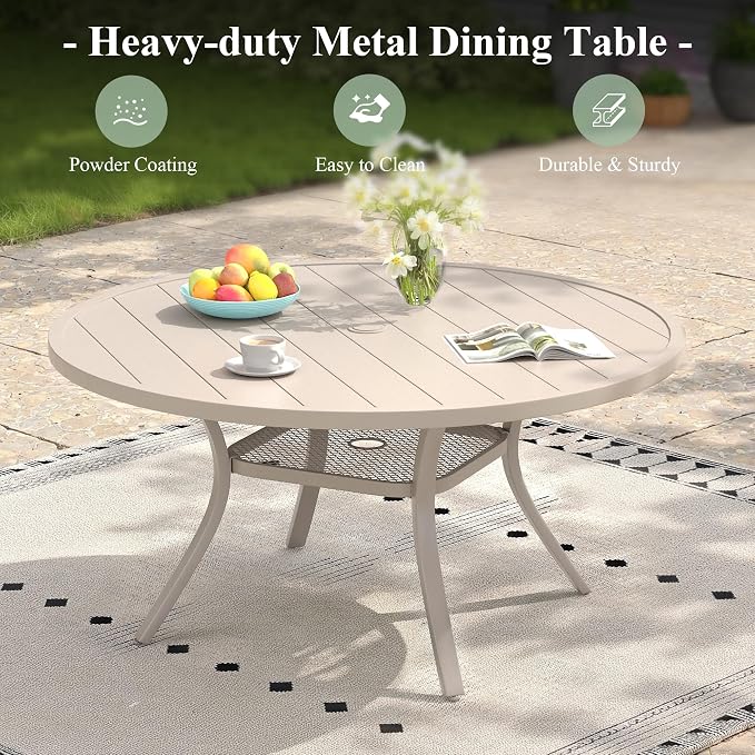 Patio Dining Set for 6, 47.2" Outdoor Dining Table and Chairs Set with Stackable Patio Chairs Outdoor Furniture for Garden Deck Backyard, Sandshell Table and Sandshell Chairs