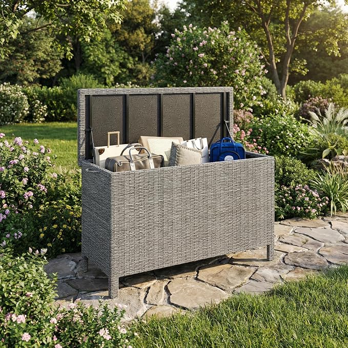 GarveeLife Outdoor Wicker Storage Box, PE Rattan Patio Storage Chest with Steel Frame, Weather-Resistant Deck Storage Box for Cushions, Garden Tools & Pool Accessories – Gray Wicker