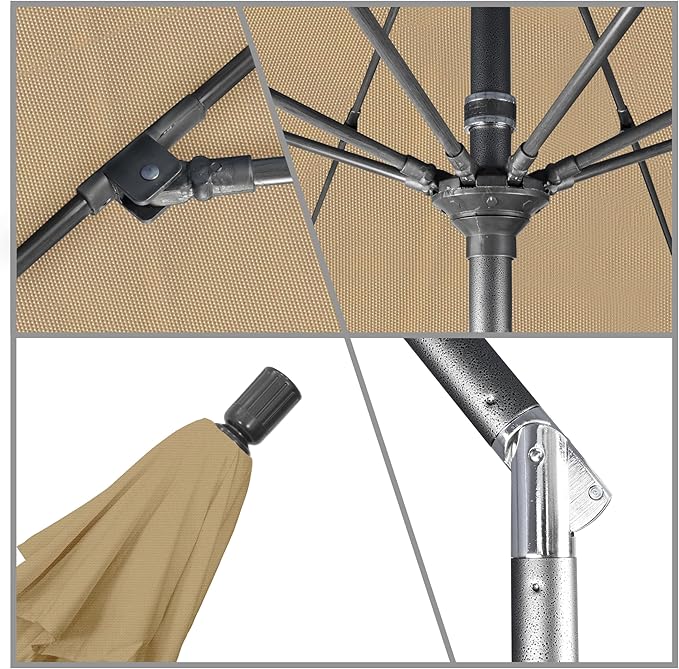 California Umbrella 11Ft Fiberglass Rib Patio Umbrella, Hand-Crank, Tilt-Collar, Gray Frame, Solution Dyed Beige Fabric