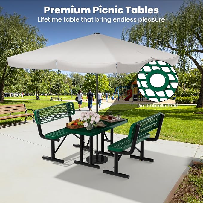 4FT Outdoor Metal Picnic Table with 2 Benches,Heavy Duty Rectangular Picnic Table Set for Outside, Waterproof Commercial Restaurant Table Furniture for Park, Campfield, Patio, Garden, Yard