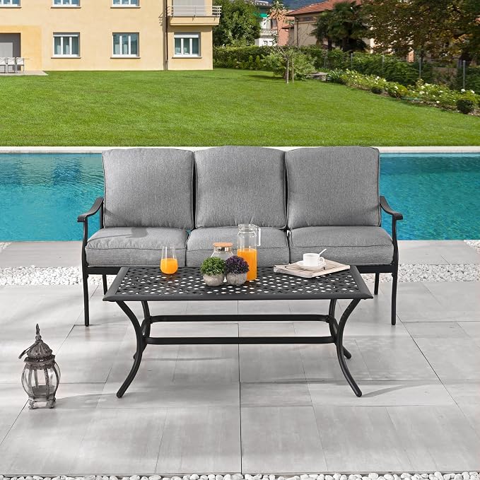 LOKATSE HOME 3 Seat Metal Patio Loveseat Bench Outdoor Furniture Bistro Set with Coffee Table for Lawn Front Porch Garden Yard or Poolside, Grey