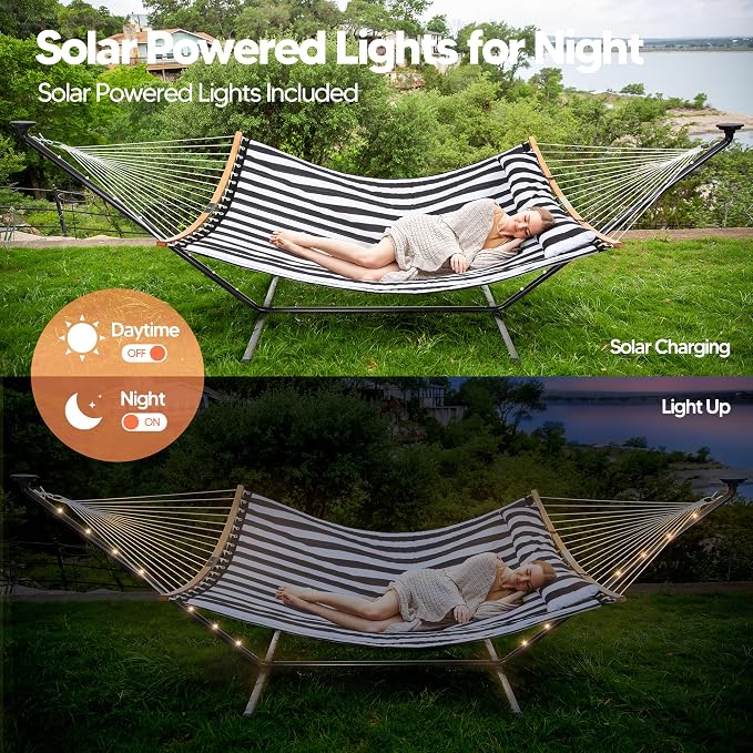 SUNCREAT Double Outdoor Hammock with 12 ft Stand, Patio Standing Hammock with Stand, Black & White