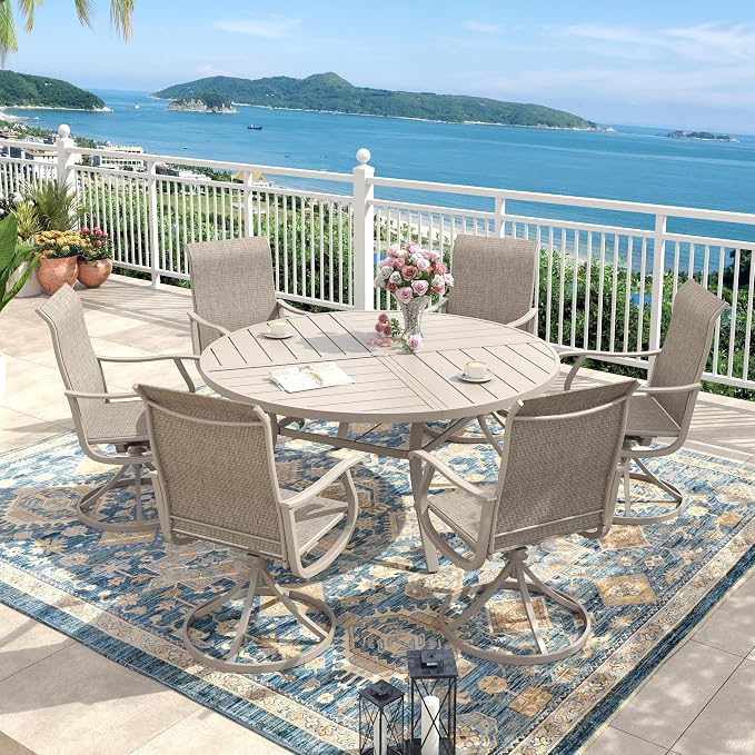 50" Outdoor Dining Table with Adjustable Umbrella Hole, Metal Slatted Round Patio Dining Table for Backyard Garden Deck, Sandshell