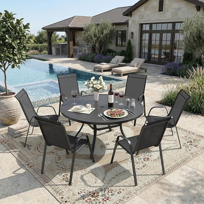 DIFY 7 Piece Outdoor Dining Set, 48" Black Round Metal Patio Table and Dark Grey Textilene Stackable Chairs for 6, All Weather Patio Furniture Set with Umbrella Hole for Backyard Garden Deck