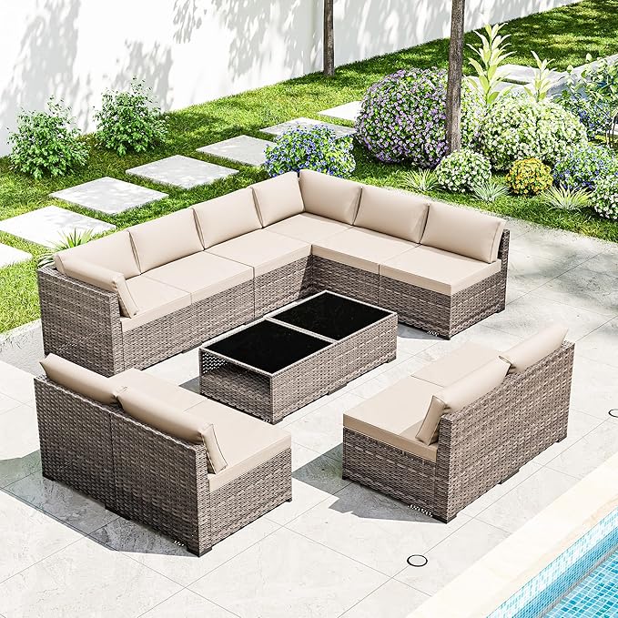 Joyside 12-Piece Patio Furniture Set, Rattan Outdoor Sectional Wicker Patio Conversation Set with Cushions and Coffee Table