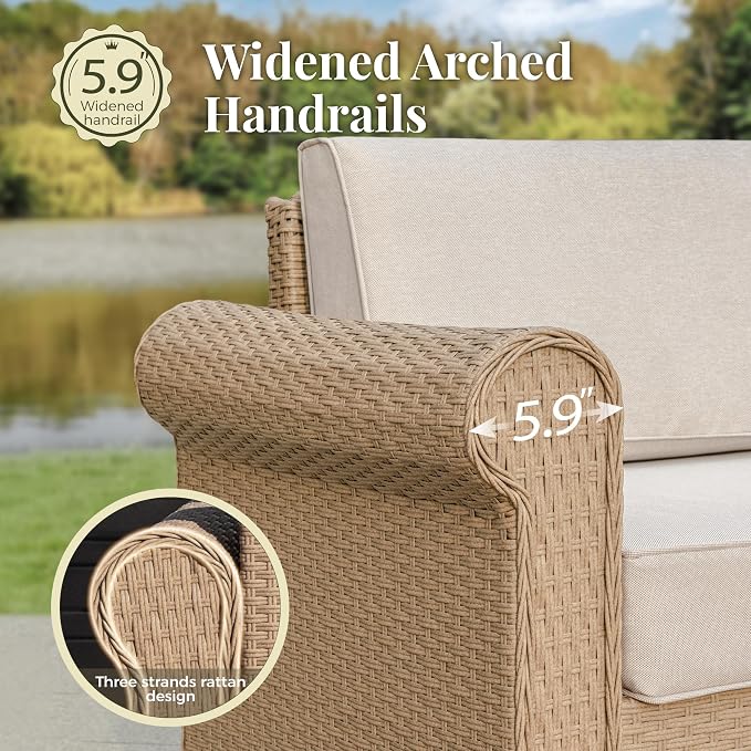 MIXPATIO Patio Furniture Set, Sectional Wicker Outdoor Furniture Set with Fire Pit Table, Modular Sofa Set with 5.5" Thick Waterproof Cushion for Garden Deck Backyard, Beige