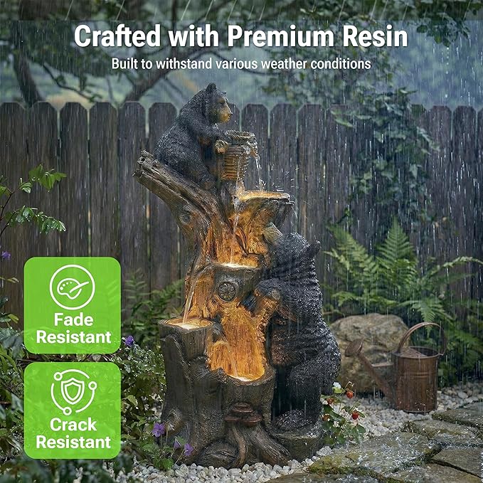 39-Inch Outdoor Water Fountain, 5-Tier Black Bears Climbing Tree Resin Waterfall Fountain with 4 LED Lights, Cascading Water Feature for Garden, Yard, Lawn, Deck, Farmhouse in Gray and Black