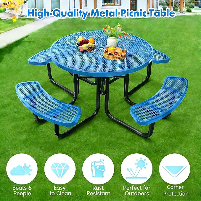 Garvee Heavy Duty Metal Picnic Tables for Outdoors with Umbrella Hole, 46" Round Top Patio Table Coated Steel Commercial Grade Furniture Set Weather & Rust Resistant (Expanded Steel, Blue)