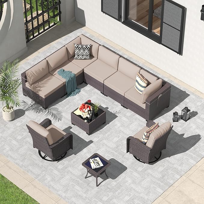 ALAULM 10 Pieces Patio Furniture Set with 2 Swivel Chairs Wicker Patio Conversation Set, Outdoor Sectional Furniture w/Coffee Table & Washable Seat Cushions-Sand