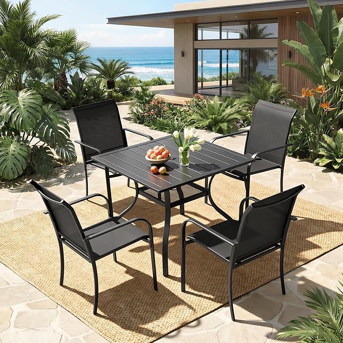 Crownland 5 Piece Patio Dining Set, Outdoor Textilene Dining Sets, 4 Textilene Metal Chairs and Square Outdoor Dining Table with 1.57" Umbrella Hole (Black)