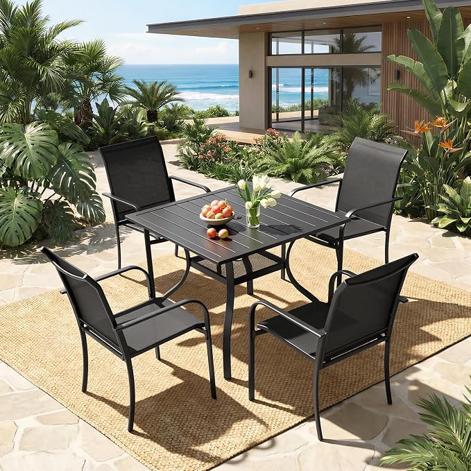 Incbruce 5 Pieces Patio Dining Set, Outdoor Dining Set of 4 Textilene Chairs and Square Table with Umbrella Hole for Backyard, Garden, and Poolside (Black)