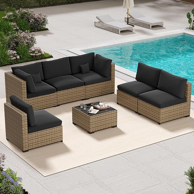 LHBcraft 7 Piece Outdoor Patio Furniture Set, Wicker Patio Furniture Set Outdoor Patio Sectional Sofa for Backyard Rattan Patio Seating with Black Cushion