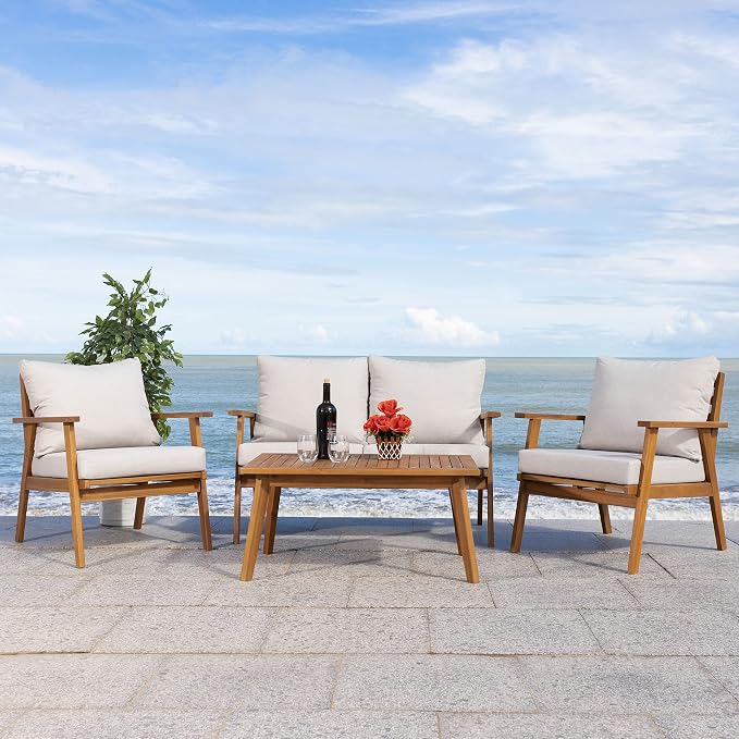 SAFAVIEH PAT7305E-2BX Collection Castalia Acacia Wood Cushion 4-Piece Conversation Patio Outdoor Living Set, Natural/Light Grey