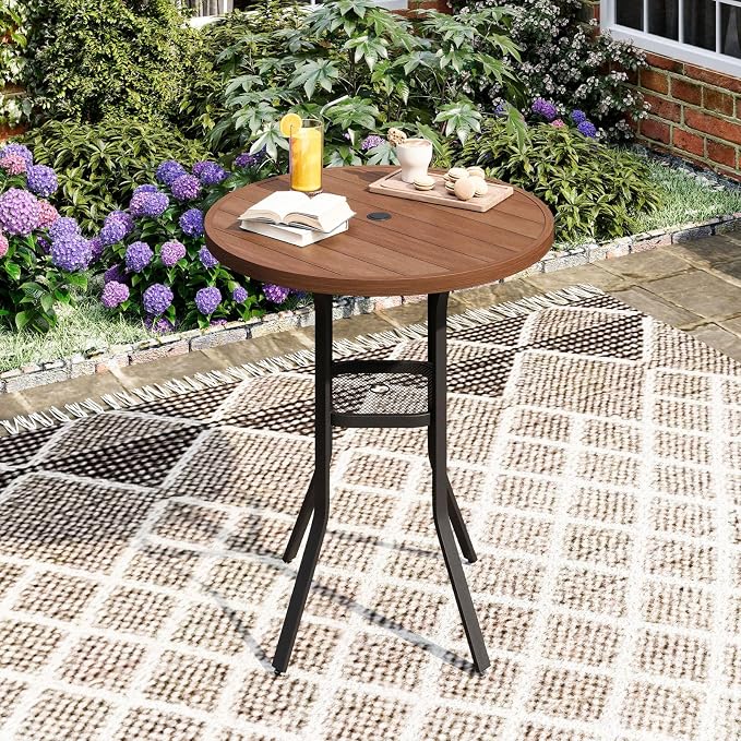 DIFY Patio Bar Height Table, 35.5" Round Outdoor Bistro Table with 1.57" Umbrella Hole for Poolside, Balcony, Pub and Garden, Walnut