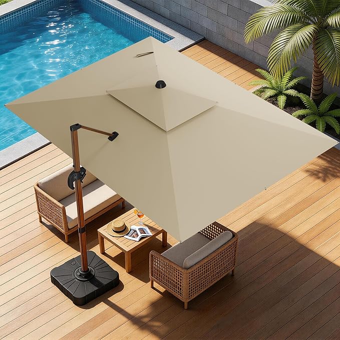 10x13FT Cantilever Outdoor Patio Umbrellas, Double Top Wood Pattern Rectangle Umbrella, Heavy Duty 360°Rotation Offset Umbrella for Garden Deck Pool Patio, Beige
