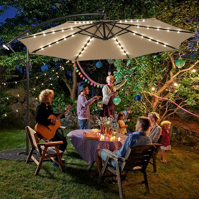 Tangkula 10 Ft Patio Offset Umbrella, 40 LED Lighted Market Umbrella W/8 Sturdy Ribs, Easy Tilt Adjustment & Crank, Polyester Shade, Ideal for Backyard, Garden, Seaside, Store, Pool (Tan)