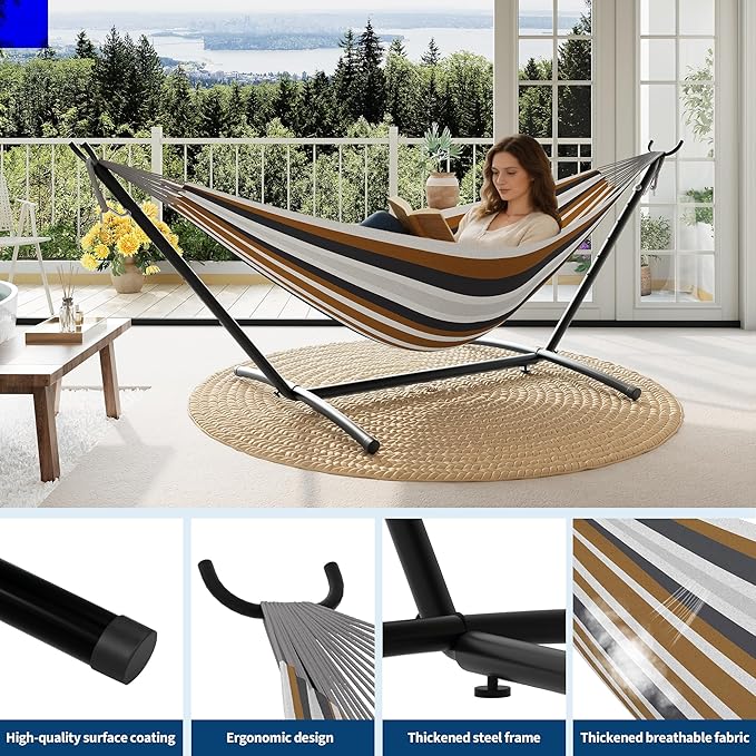 Double Hammocks with Stand for Outside, Portable Space Saving Heavy-Duty Steel Stand for Indoor Outdoor Patio with Carrying Bag, 450 lbs Capacity