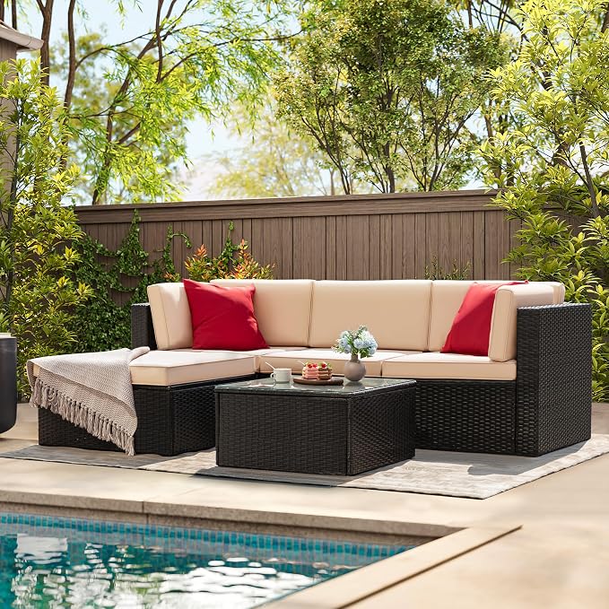 Greesum 5 Piece Patio Conversation Set Wicker Rattan Furniture Outdoor Sofa with Cushions,Pillows & Glass Table for Porch,Lawn and Yard,Beige