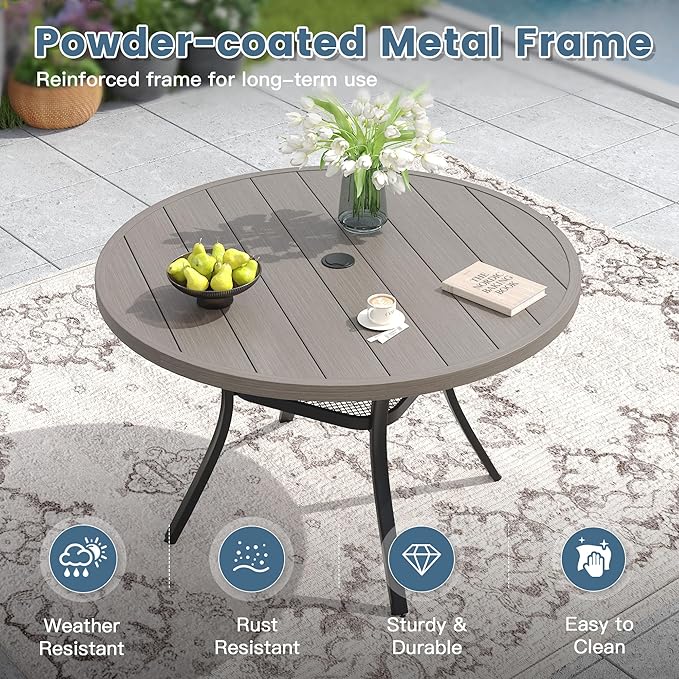DIFY Outdoor Dining Set for 6, Patio Dining Furniture Set Includes 47.2" Grey Wood-Like Round Table with Adjustable Umbrella Hole and 6 Grey Stackable Metal Chairs for Poolside, Garden, Backyard
