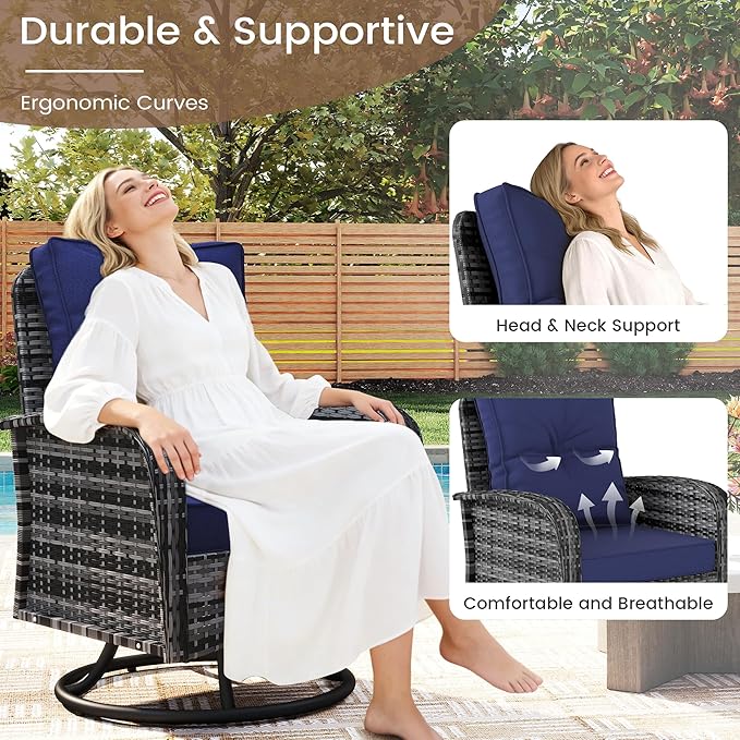 Kromax Outdoor Patio Furniture Set, All-Weather Wicker Swivel Glider Chairs Set of 2 with Coffee Table Table & Thick Machine Washable Cushions for Backyard, Garden, Porch, Grey/Blue